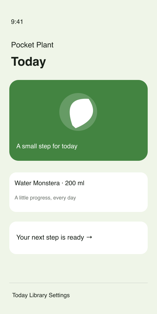 Pocket Plant demo screen showing a plant watering reminder